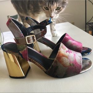 ASOS Velvet Holywell Gold Block Heel Sandal Pumps